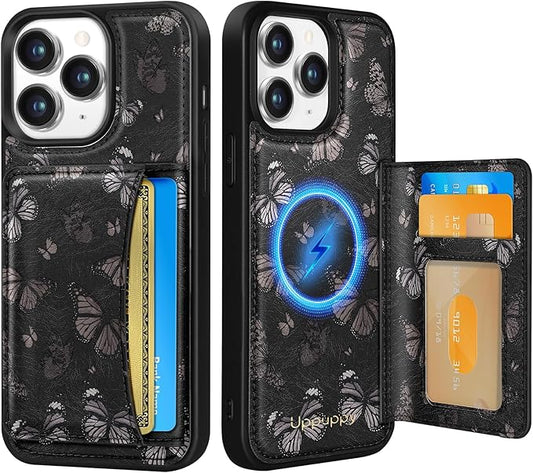 for iPhone 11 Pro Max Case with Wallet - Fits 4 Card Slots, Compatible with MagSafe for Women Aesthetic PU Leather Credit Card Holder Kickstand Phone Cover for Apple 11 Promax, Black Butterfly