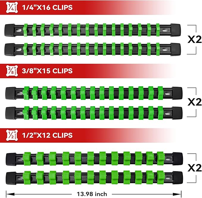 ALOANES 12PC ABS Socket Organizer, Socket Rails Fit 1/2 inch, 3/8 inch and 1/4 inch Drive, Heavy Duty Socket Holders Hold up to 172 Sockets, Black Rails with Green Clips