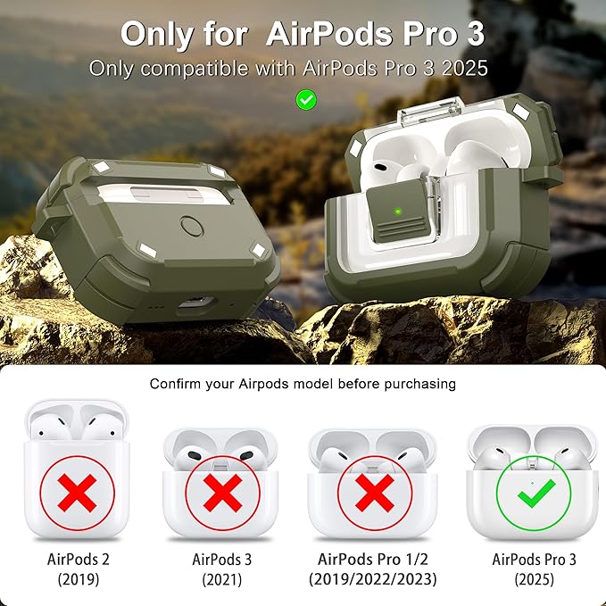 RFUNGUANGO for AirPods Pro 3 Case, Compatible with AirPods Pro 3 Generation Case (2025), Compatible with MagSafe, Magnetic Automatic Lock with Cleaner Kit and Keychain, Front LED Visible, Green