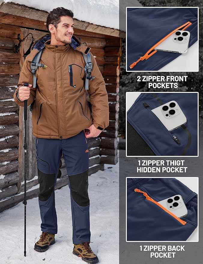 TACVASEN Men's Snow Ski Pants Fleece Lined Winter Pants for Men Water Resistant Thermal Snowboard Hiking Hunting Work