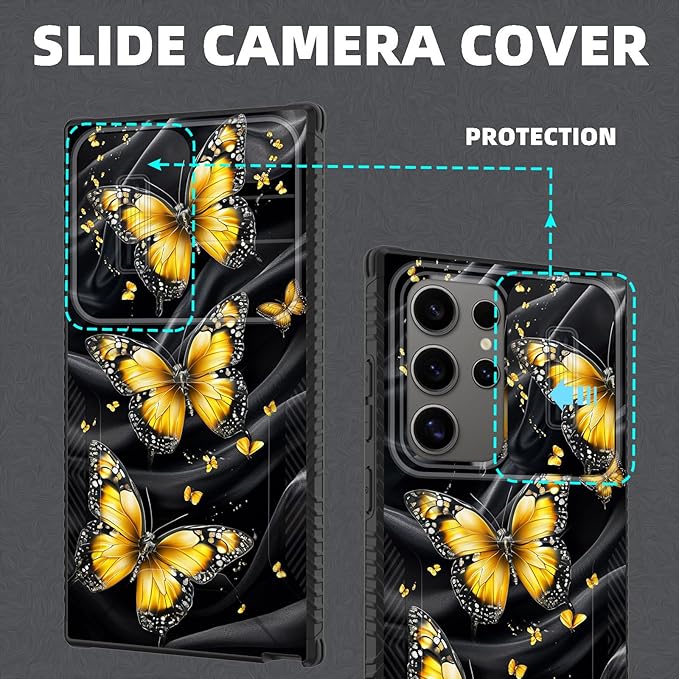 for Galaxy S26 Ultra Case Built in Slide Camera Lens Cover,Heavy Duty Shockproof Protection Dual Layer Case for Samsung Galaxy S26 Ultra 6.9" 2026,Yellow Butterfly
