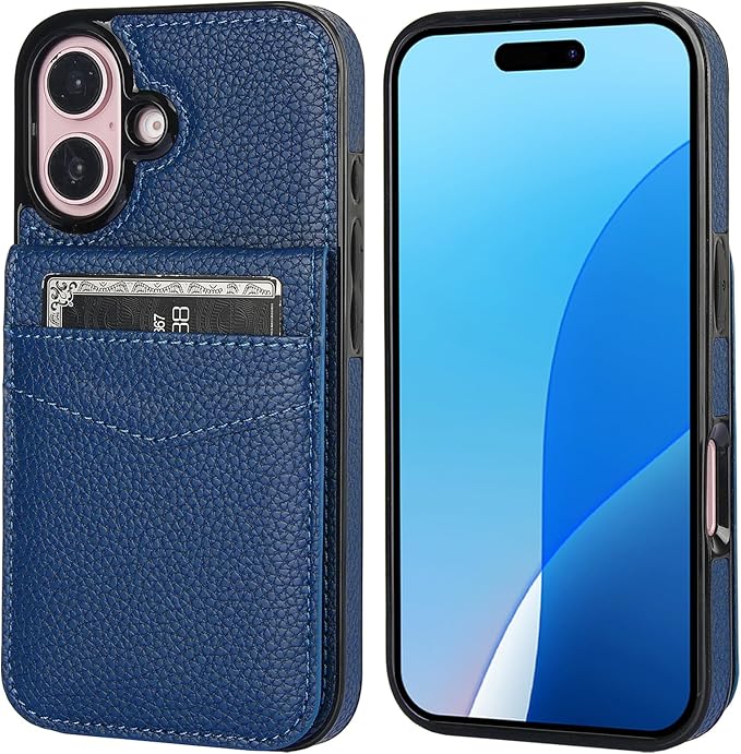 KIHUWEY Compatible with iPhone 16 Case Wallet with Credit Card Holder, Flip Premium Leather Magnetic Clasp Kickstand Heavy Duty Protective Cover for iPhone 16 6.1 Inch (Lichee Blue)