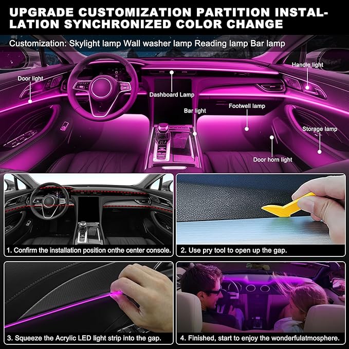 Acrylic Interior Car LED Strip Light with Wireless APP, RGB 10 in 1 with 175 inches 600 LEDs Fiber Optic Car Ambient Lighting Kits, 16 Million Colors Sound Active Function LED Strip for Car