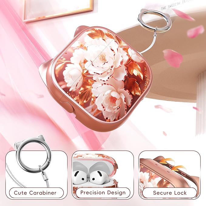 for AirPods 4 Case with Cleaning Kit, Cute Cat Ear Print Design & Cute Buckle, Inverted Phone Holder Design, Top Safe Lock Buckle Design, for Girls AirPods 4 case 2024, Rose Gold Peony