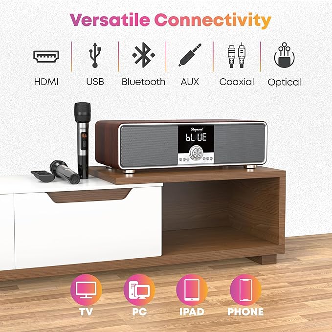 Karaoke Machine with 2 UHF Mic Subwoofer Home Theater Audio Sound Bar Support Optical/Bluetooth/AUX/USB/PC Wooden Karaoke Singing Machine for TV, Home, Karaoke, Singing Party, Christmas (S-73)