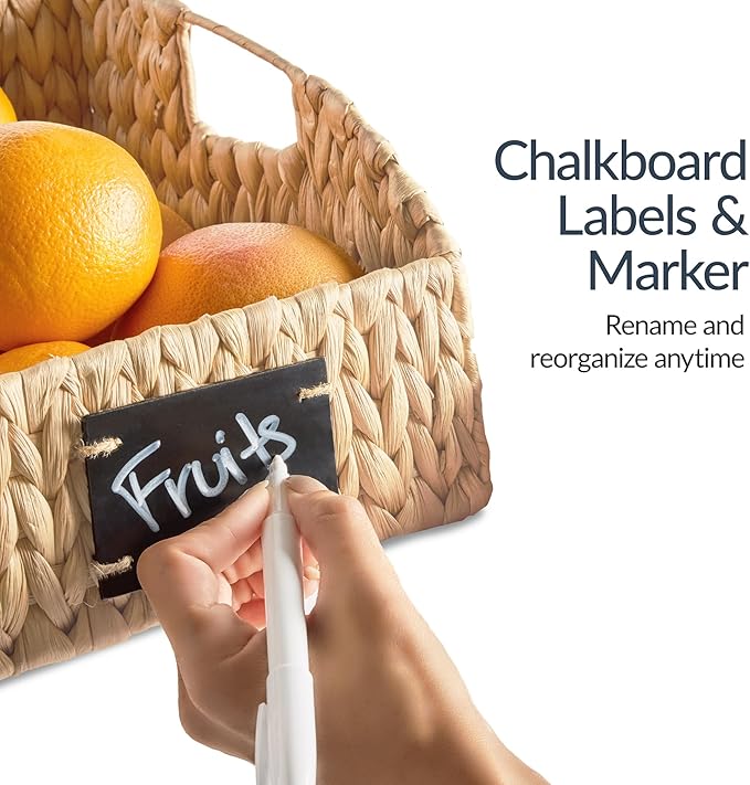 Best Choice Products Natural Hyacinth Angled Pantry Storage Baskets, Large Woven Wicker Storage Bins w/Handles, Storage Container Baskets for Shelves, Chalkboard Label & Marker (Set of 3) - Natural
