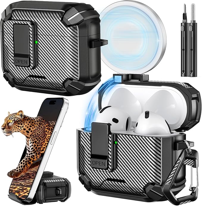 Inesore Compatible with AirPods 4th Case with Phone Stand & Cleaning Kit,Compatible with Magsafe,Magnetic Automatic Lock for Airpods 4 with Active Noise Cancellation Charging Cover (2024) (Black)