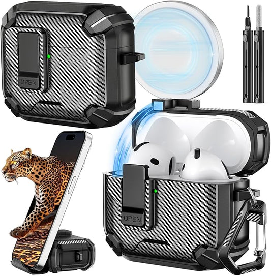 Inesore Compatible with AirPods 4th Case with Phone Stand & Cleaning Kit,Compatible with Magsafe,Magnetic Automatic Lock for Airpods 4 with Active Noise Cancellation Charging Cover (2024) (Black)