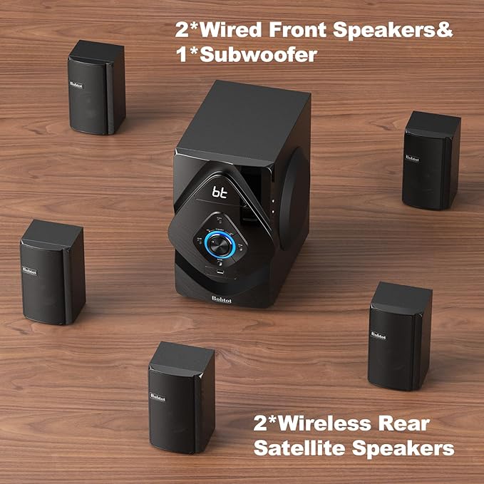 Bobtot Surround Sound Systems Wireless Rear Satellite Speakers - 800W 6.5inch Subwoofer 5.1/2.1 Channel Home Theater Systems with ARC Optical Bluetooth Input