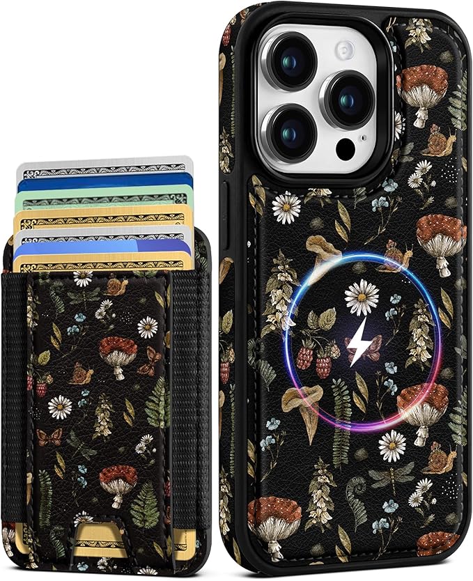 Shorogyt for iPhone 12 Pro Max Case Wallet - Fits 5 Cards, Compatible with Magsafe Detachable Magnetic Credit Card Holder Leather Cardholder Cute Phone Cover Women Girls for Apple 12 ProMax, Mushroom
