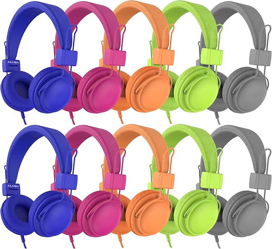 AILIHEN Kids Headphones Wired Bulk 10-Pack for K-6 School & Classroom, with Microphone, 85dB Volume Limit, Shareable, Foldable, 3.5mm Jack for Chromebook, Computer - Multicolor