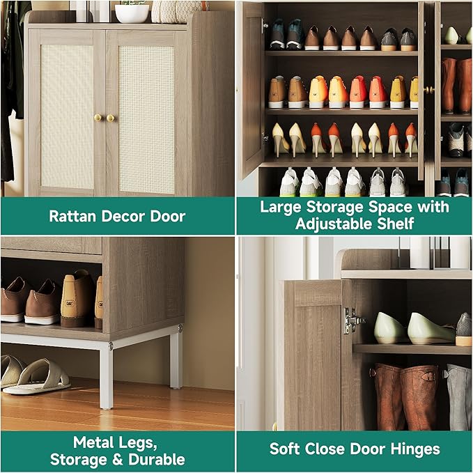 JASIWAY Rattan Shoe Cabinet Storage for Entryway, Shoe Cabinet with Adjustable Shelves for Entryway, 5-Tier, 20 Pair Shoe Rack Storage for Hallway, Closet, Living Room, Natural