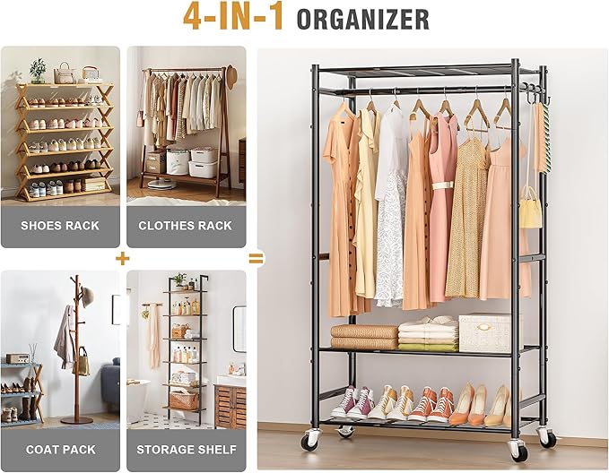 Rolling Clothes Rack for Hanging Clothes,Heavy Duty Garment Rack with 3 Tier Wire Shelves,Freestanding Portable Clothing Rack Wardrobe Rack, Black