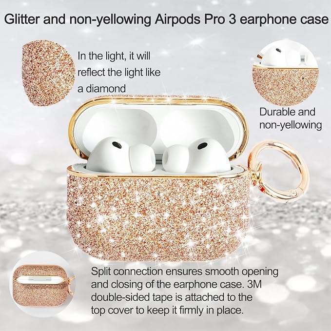 for Glitter AirPods Pro 3 Case 2025| Cute Bling Hard Air Pods Pro 3 Case (Model A2700/A2931) | with Keychain | Sparkly Rhinestone iPods Pro 3 Cases for Women Girl(Champagne)