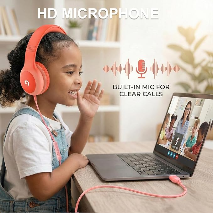 Wired Kids Headphones with USB C Plug, 85dB Safe Volume, Adjustable Headband, Tangle-Free Cord Headphones for School, Tablet, Travel (Coral Red & Soft Peach, with Microphone)