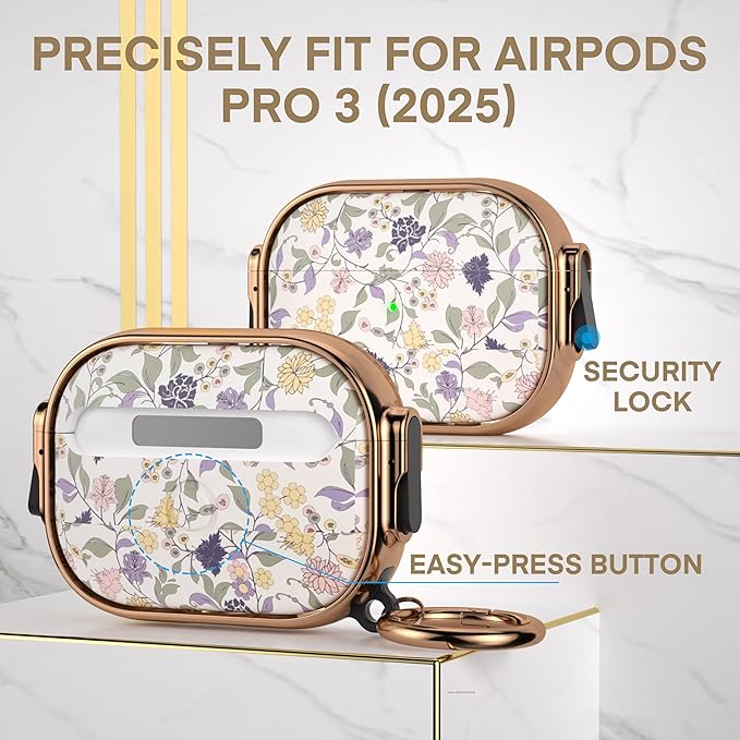 Maxjoy for AirPods Pro 3rd Generation Case with Lock, Floral AirPods Pro 3 Case Lock Protective Hard Air Pod Pro 3 Cover for Women Men with Keychain for Airpod Pro 3rd Gen Cover 2025