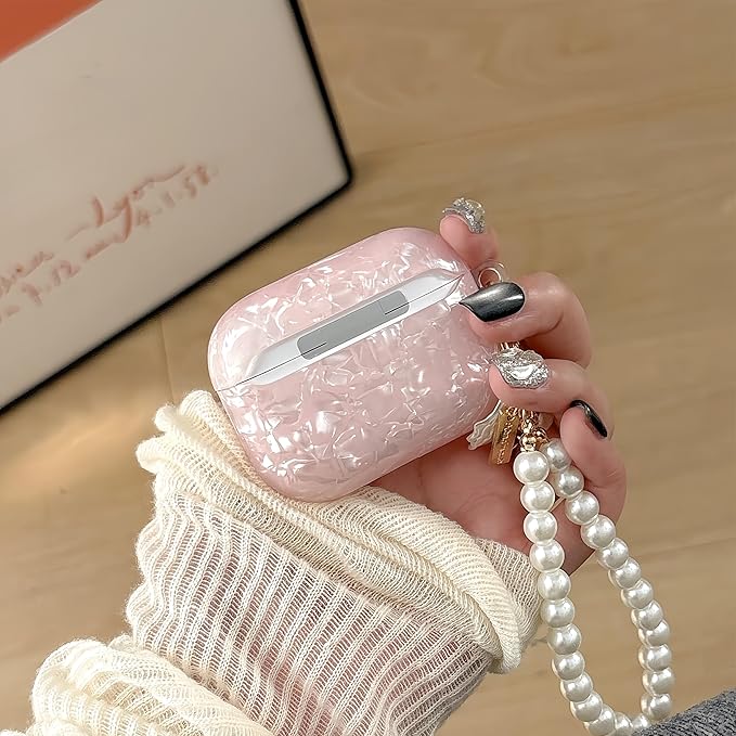 Cute Case for Airpods Pro 3 (2025), Bling Shell Pattern Soft TPU Protective Cover with Luxury Pearl Shell Keychain for Apple Airpods Pro 3 Charging Case, Pink