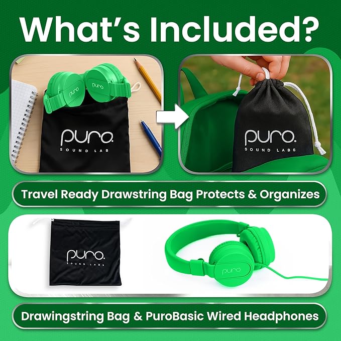 Puro Sound Labs Wired Headphones for Kids - Volume-Limiting, Adjustable Mic & Compatible with Smartphones, Tablets & PCs – Safe, Durable Kids Headphones for School & Travel – PuroBasic, Blue & Green