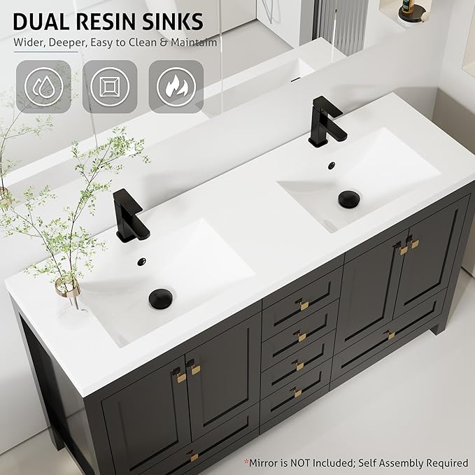 eclife 60" Bathroom Vanities with Sink Combo, Modern Thickened Wood Bathroom Storage Cabinet w/Undermount Double Sink, Matte Black Faucet Drain, Painted Surface, Black