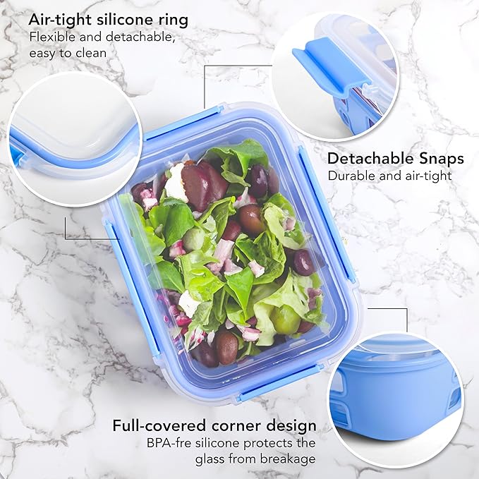 ECOBERI 4.5 Cup Glass Meal Prep Containers with Lids & Silicone Sleeves, 5-Pack Airtight, Leak-Resistant Food Storage Containers for Fridge, Freezer, Oven & Microwave