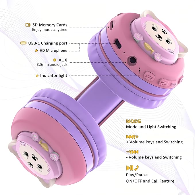Riwbox CB-7S Kids Wireless Headphones,with Safe Volume Control 74/85/95dB,LED Glow Lights,50H Playtime,Bluetooth V5.3,Built-in Mic, TF Card Slot,for Travel/School/Phone/Laptop(Pink&Purple)