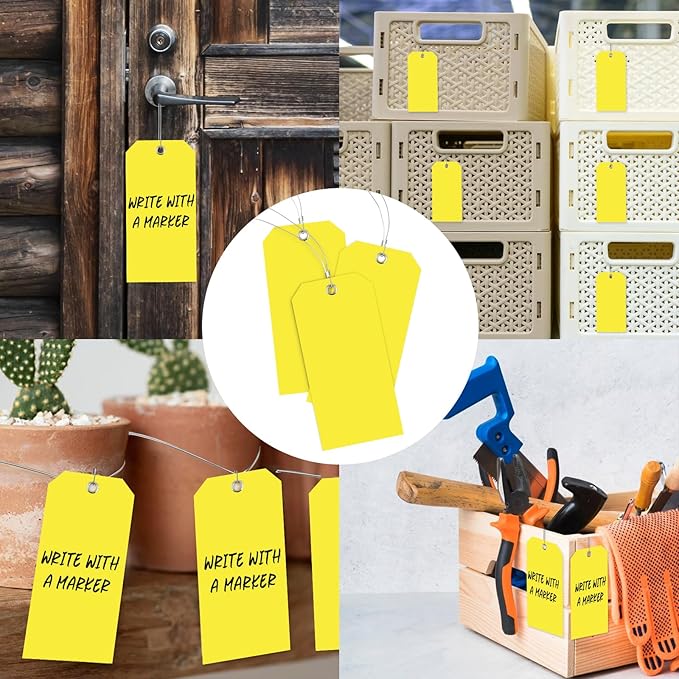 100 Large Yellow Plastic Shipping Tags - 3x6 inch, Heavy Duty, Waterproof, Writable, With String Attached
