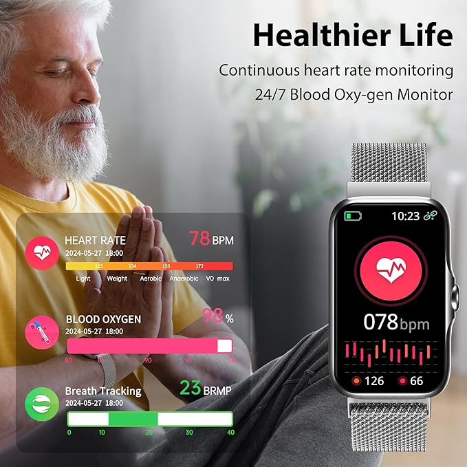 Fitness Tracker with 24/7 Continuous Heart Rate, Blood Oxygen Monitor, Smart Watch with Sleep Monitor, IP68 Waterproof Activity Tracker Step Counter for Women Men (Silver)