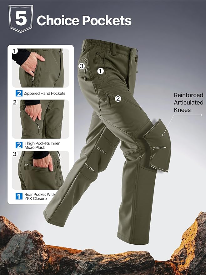 FREE SOLDIER Men's Fleece Lined Outdoor Cargo Hiking Pants Water Repellent Softshell Snow Ski Pants with Zipper Pockets