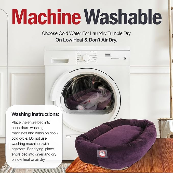 Majestic Pet 32 Inch Micro Velvet Calming Dog Bed Washable – Cozy Soft Round Dog Bed with Spine for Head Support - Fluffy Donut Puppy Mat 32x23x7 (inch) Medium – Aubergine