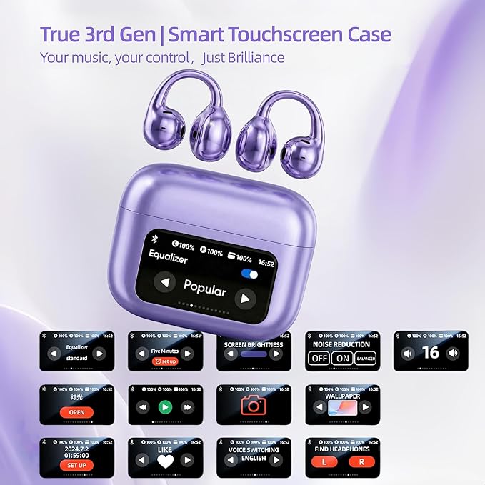 Elegant Touchscreen Clip-On Earbuds, Wireless Open Ear Headphones with 1.3" Color Display, Bluetooth 6.0, 50H Playtime, Ultra-Light 4.1g, IPX5 Waterproof, Perfect for Yoga/Running/Workouts,purple