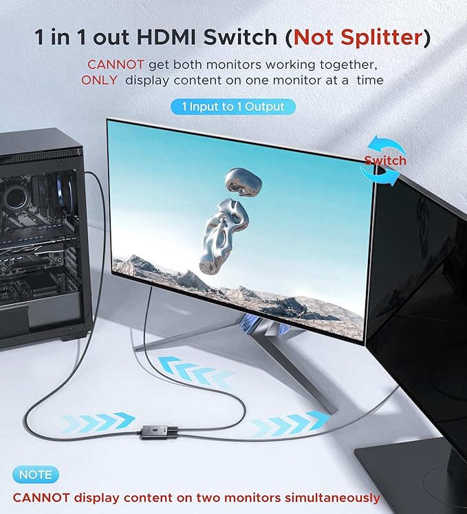 HDMI Switch 2 in 1 Out 4K@60Hz, WARRKY [3.3ft Fixed Braided HDMI Cable, Aluminum Case, HDCP 2.2] Bidirectional 2x1 Switcher (Not Splitter) Compatible for PS5/4, Nintendo Switch, FireStick – Black