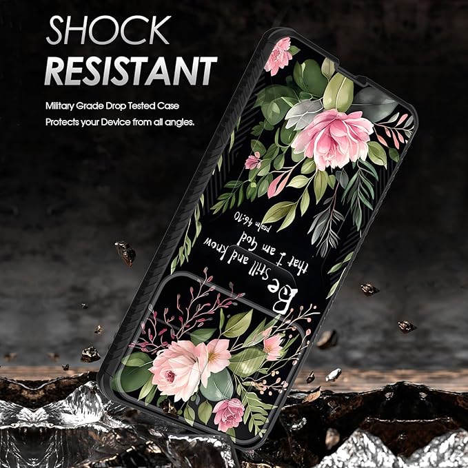 for Galaxy S25 Edge Case Built in Slide Camera Lens Cover,Heavy Duty Shockproof Protection Dual Layer Case for Samsung Galaxy S25 Edge 2025,Flower Bible Verse Psalm 46:10