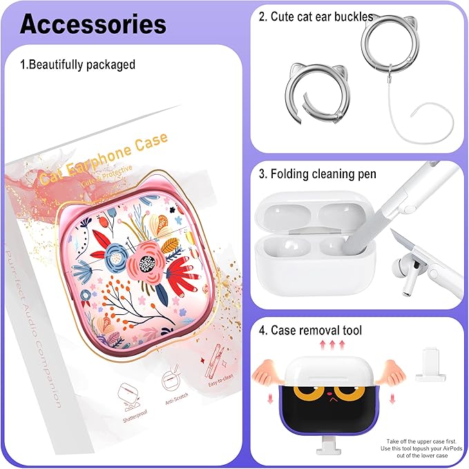 RFUNGUANGO is Compatible with AirPods Pro 3 Protective case, with Mobile Phone Holder Function, Multiple Colors Available, Suitable for AirPods Pro 3 Protective case,Purple + Cartoon Cat Head