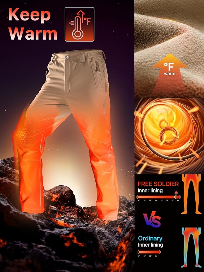 FREE SOLDIER Men's Fleece Lined Outdoor Cargo Hiking Pants Water Repellent Softshell Snow Ski Pants with Zipper Pockets