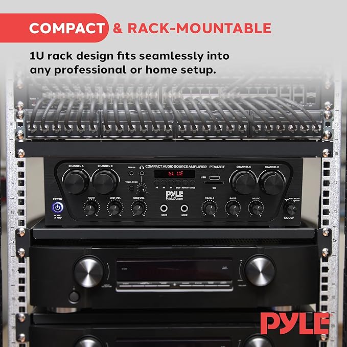 Pyle PTA42BT Wireless Karaoke Bluetooth Stereo Receiver - 4 Channel Power Amplifier w/USB,2 Microphone Input w/ Echo,Talkover for PA Great for Home Speaker System,Black
