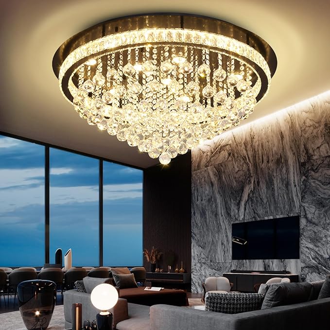 Dia 32" Modern Crystal Chandeliers for Dining Room,Black Raindrop Chandelier Flush Mount Chandeliers for Living Room Bedrooms Dining Room Dimmable 2700k 4500k 6000k