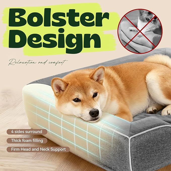 Orthopedic Dog Beds Large Sized Dog with Removable Faux Fur Washable Covers,Waterproof Pet Couch Bed with Cooling Gel Memory Foam and Bolster Side for Big Breed Pets,36" Dark Grey