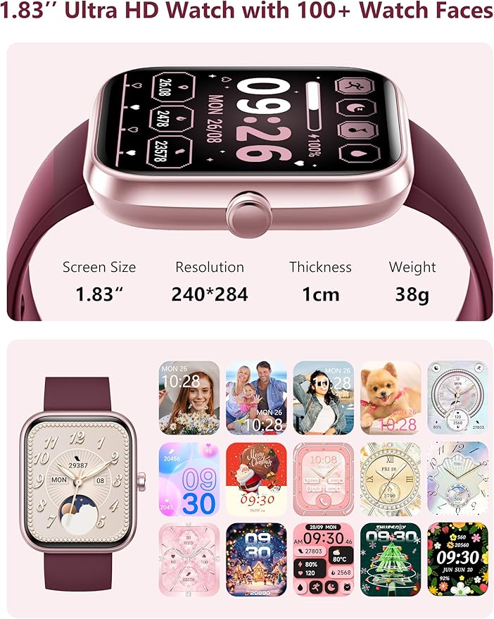 Smart Watch, 1.83'' Smartwatch Women Men Answer Make Calls, Alexa Fitness Watch, IP68 Waterproof Fitness Tracker Watch, Heart Rate Monitor, 100+ Sports Pedometer Watch, Timer for android & iOS Phone