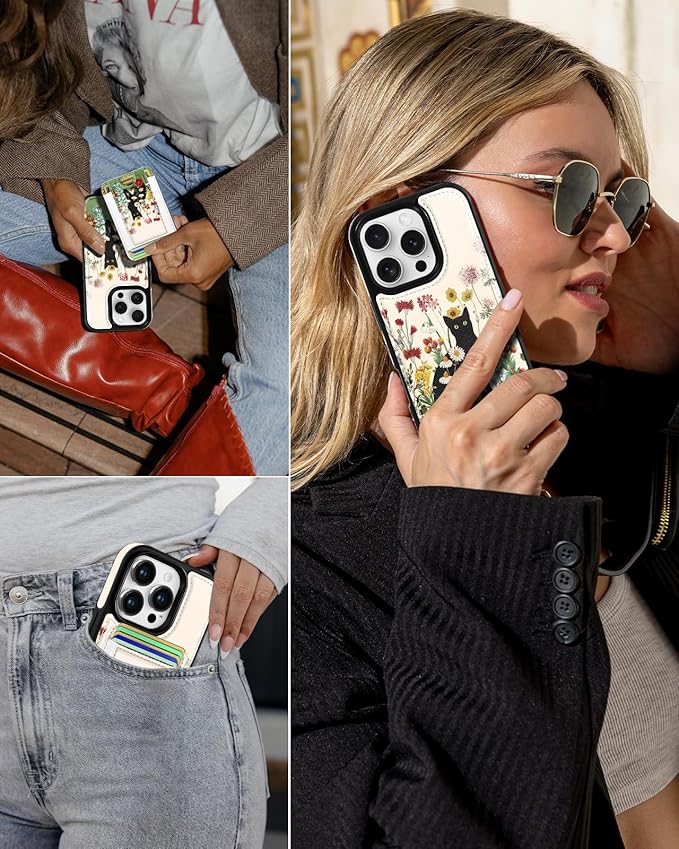 Shorogyt for iPhone 16 Pro Max Case Wallet - Fits 5 Cards, Compatible with Magsafe Detachable Magnetic Credit Card Holder Leather Cardholder Cute Phone Cover Women Girls for Apple 16 ProMax, Cat