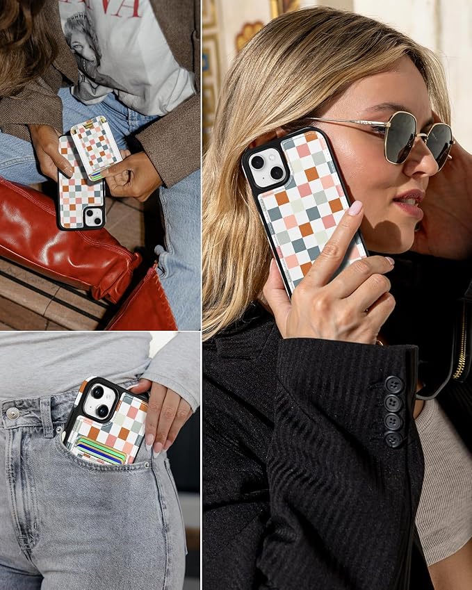 Shorogyt for iPhone 15 Wallet Case - Fits 5 Cards, Compatible with Magsafe Detachable Magnetic Credit Card Holder Leather Cardholder Cute Phone Cover Women Girls for Apple 15, Checkered
