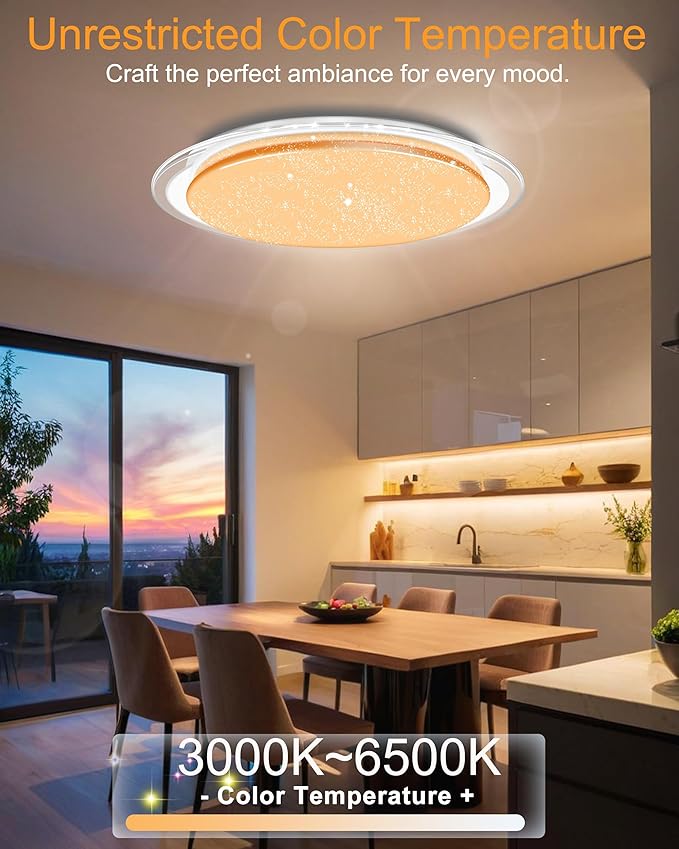 WF-Version LED Ceiling Light with Speaker 40W 15Inch Control via app/Voice/Remote Adjustable Brightness & Color Temperature Ceiling Lamp RGB Ambient Lighting for Bedroom Kids Room and More