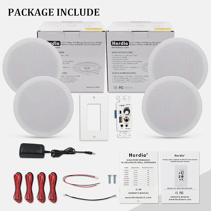 Herdio 6.5'' Bluetooth in Wall in Ceiling Speakers 600W 2-Way Flush Mount Speakers System with Wall Amplifier Receiver for Home Theater Office (2Pairs, Paintable-Grille)