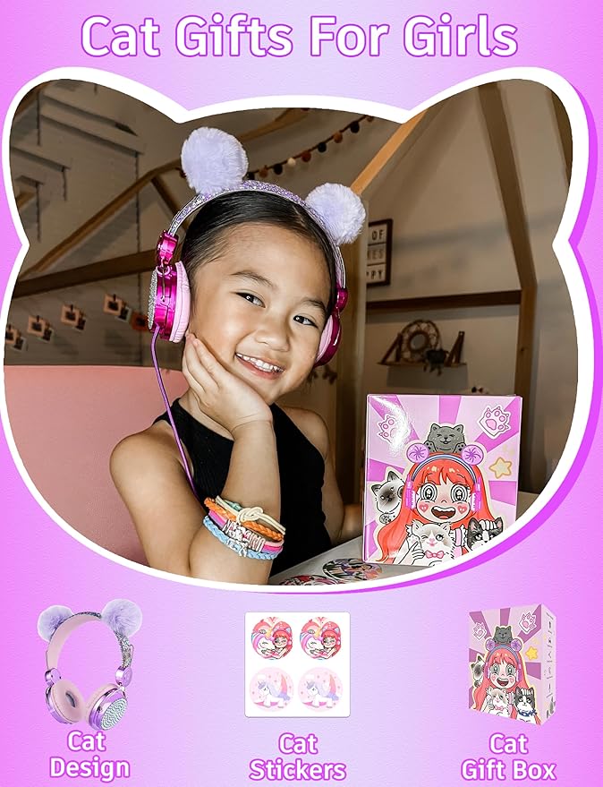 Kids Pom Headphones with Mic for Travel/Car/Plane,Added 85DB Limit Function&Shareport,Unicorns Gifts for Girls,On/Over Ear HD Stereo Wired Headsets with Nylon Cable-Hot-Purple