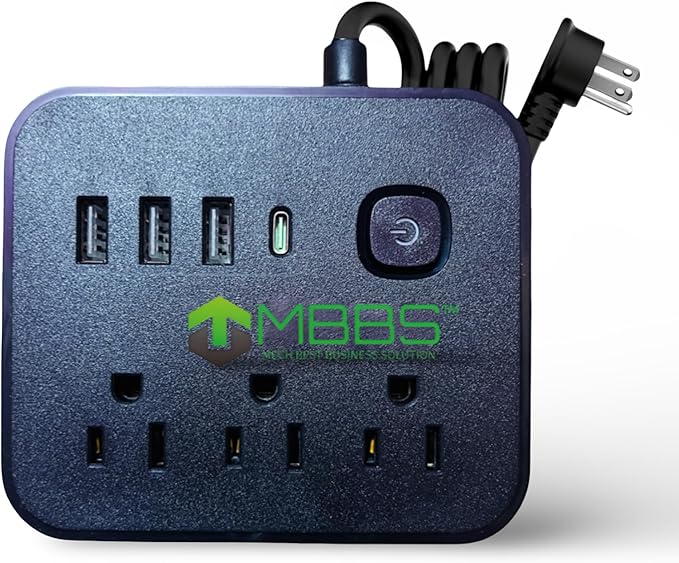 5ft Surge Protector Power Strip with USB C, 1200J Protection, Heavy Duty Extension Cord – (7-in-1) 3 AC Outlets, 4 USB Ports, LED On/Off Switch – Compact & Travel Friendly – Home, Office (Black)