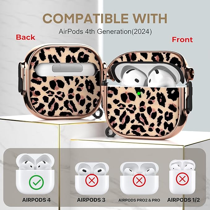 Maxjoy for AirPods 4 Case with Lock, Cute AirPods 4 Case Lock Protective Hard AirPod 4 Generation Cover for Women Men with Keychain Clip for AirPod 4th Generation Cover 2024, Leopard