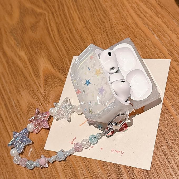 for AirPod Pro 3 Case 2025 Cute Dream Shell Pearl Shockproof Protective Cover with Strap Keychain Compatible for AirPods Pro 3rd Generation for Women Girls (Colored Stars)