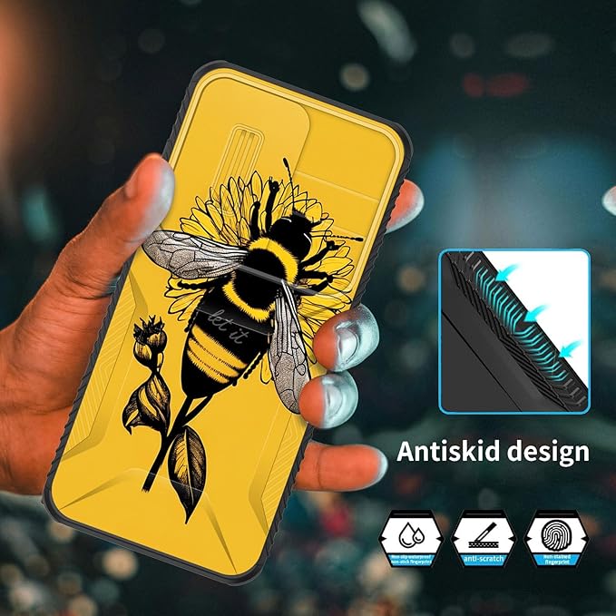 for Galaxy S24 FE Case Built in Slide Camera Lens Cover,Heavy Duty Shockproof Protection Dual Layer Case for Samsung Galaxy S24 FE 5G 6.7" 2024,Honeybee Flower