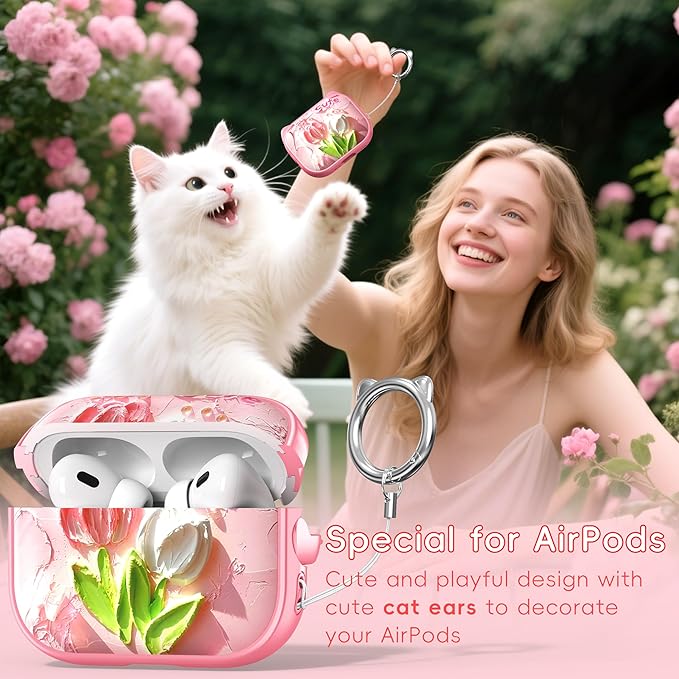 for AirPods Pro 2 Case with Cleaning Kit, Cute Cat Ear Print Design & Cute Buckle for Girls, Phone Holder & Top Safe Lock Buckle Design for AirPods Pro 2nd/1st Gen case, Tulip