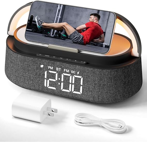 Alarm Clock Bedroom with Wireless Charger Bluetooth Speaker FM Radio Light
