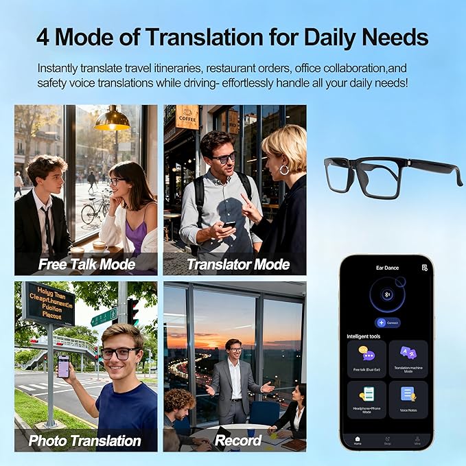 AI Smart Wireless Bluetooth Translation Glasses for Men/Women with Speakers/Bluetooth&140+ Languages Translation Sports/Travel/Drive/Busniess (C2+AI+Color Change Lenses+Black)